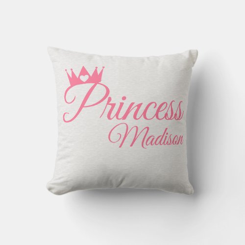 Pink Princess Crown Heart Tiara Personalized Name Throw Pillow