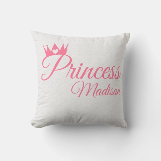 Pink Princess Crown Heart Tiara Personalized Name Throw Pillow (Front)