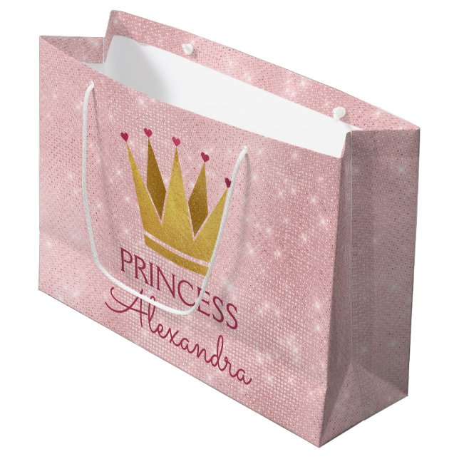 Pink Princess Crown Rose Gold Birthday Large Gift Bag (Front Angled)