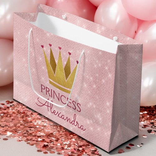 Pink Princess Crown Rose Gold Birthday Large Gift Bag