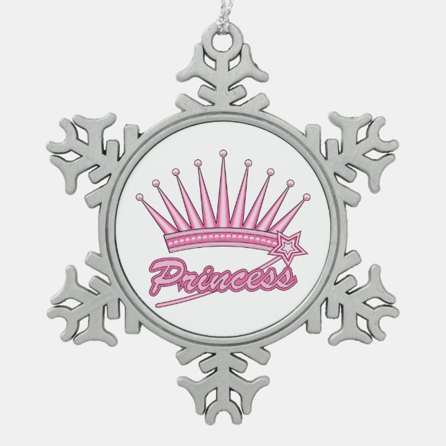 Pink Princess Crown Snowflake Pewter Christmas Ornament (Front)