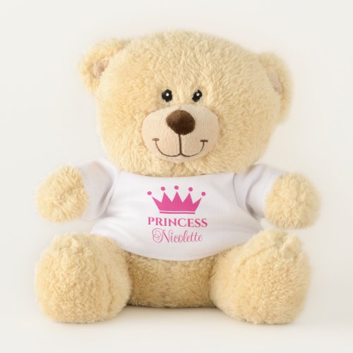 Pink princess crown teddy bear with baby girl name