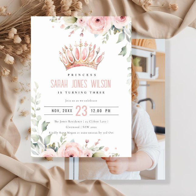 Pink Princess Crown Tiara Floral Photo Birthday Invitation (Creator Uploaded)