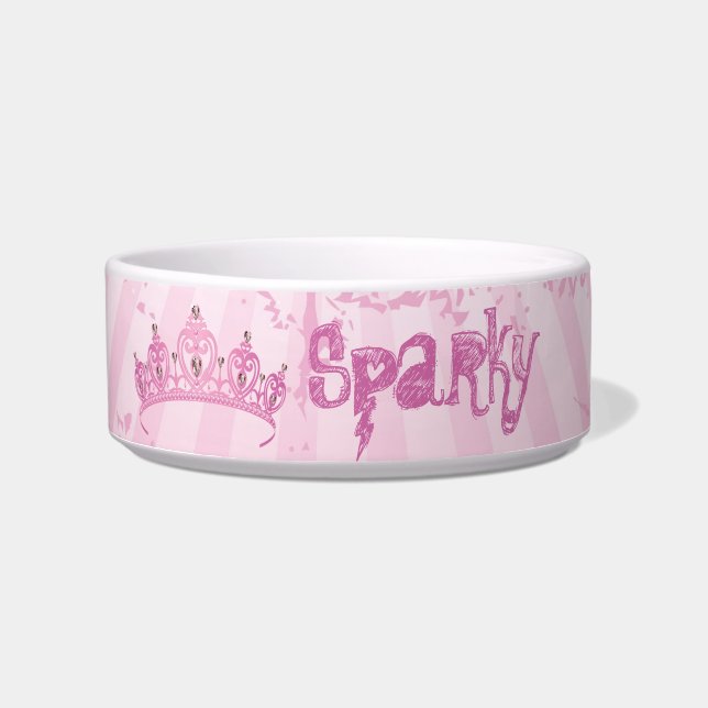 Pink Princess Crown Tiara Jeweled Pet Food Bowl (Front)