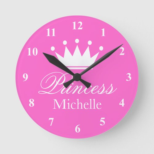 Pink princess crown wall clock with girls name