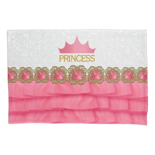 Pink Princess Crown with Ruffle Print Pillow Case