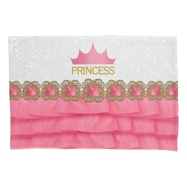 Pink Princess Crown with Ruffle Print Pillow Case (Front)