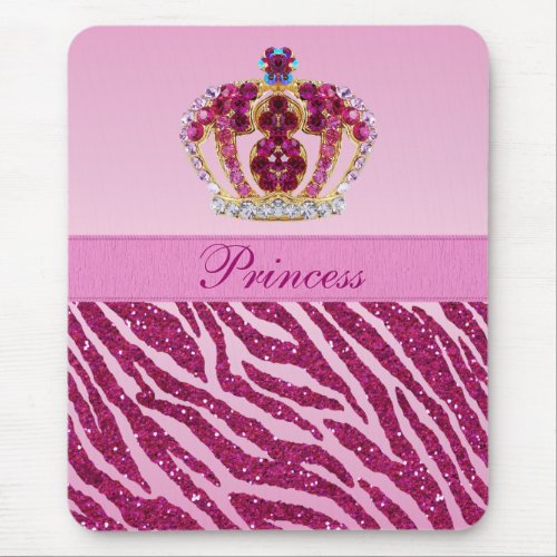 Pink Princess Crown Zebra Glitter Print Mousepad