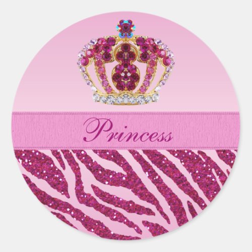 Pink Princess Crown Zebra Glitter Print Stickers