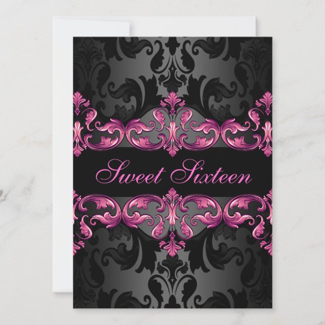Pink Princess Damask Sweet16 Birthday Invite (Front)