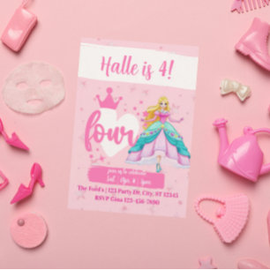 Pink Princess Doll, 4th Birthday Invitation