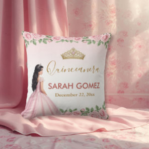 Pink Princess Dress Gold Tiara Quinceañera Throw Pillow