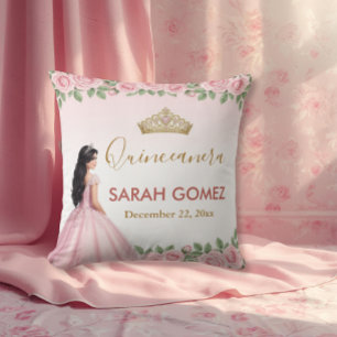 Pink Princess Dress Gold Tiara Quinceañera Throw Pillow