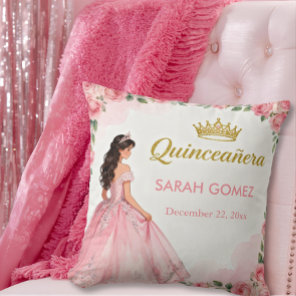 Pink Princess Dress Gold Tiara Quinceañera Throw Pillow