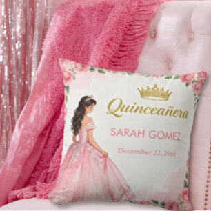 Pink Princess Dress Gold Tiara Quinceañera Throw Pillow