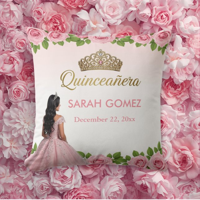 Pink Princess Dress Gold Tiara Quinceañera Throw Pillow (Creator Uploaded)