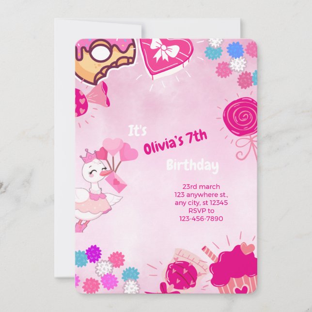 Pink Princess Duck – Customizable birthday Invitation (Front)
