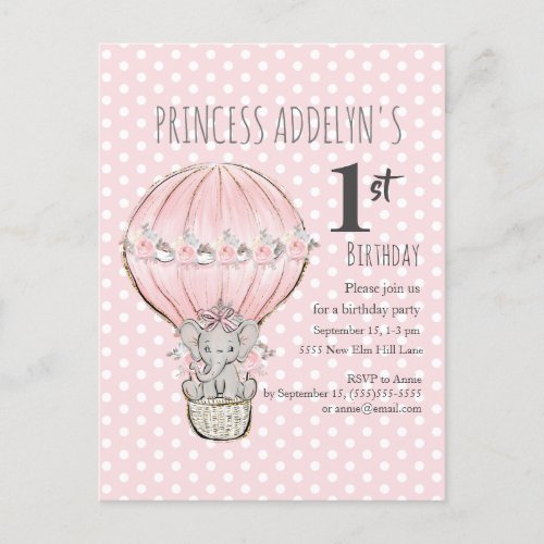 Pink Princess Elephant Balloon Dots 1st Birthday Invitation Postcard
