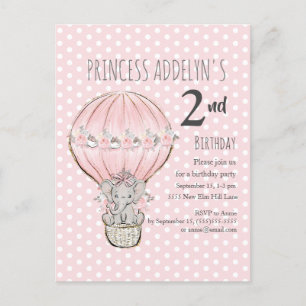 Pink Princess Elephant Balloon Dots 2nd Birthday  Invitation Postcard