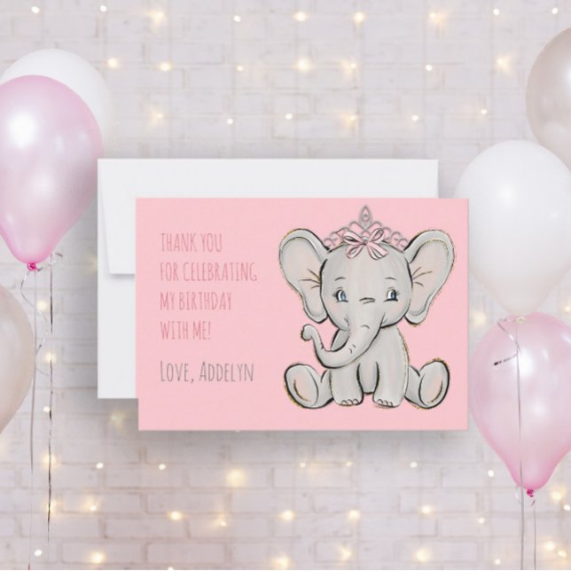 Pink Princess Elephant Birthday Thank You Card (Creator Uploaded)