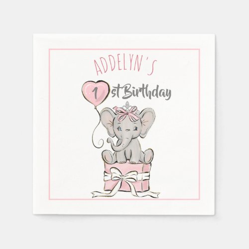 Pink Princess Elephant Childs Birthday Balloon Napkins
