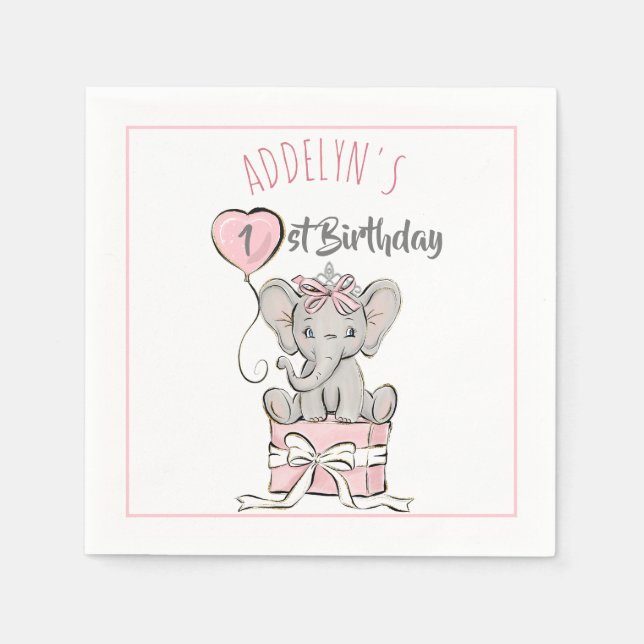 Pink Princess Elephant Child's Birthday Balloon Napkins (Front)