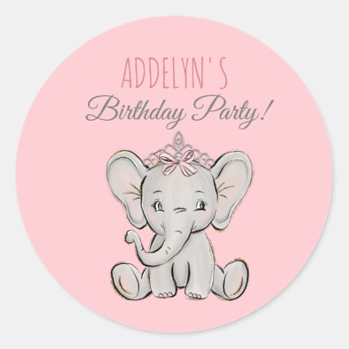 Pink Princess Elephant Childs Birthday Script Classic Round Sticker