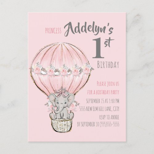 Pink Princess Elephant Hot Air Balloon Balloon Invitation Postcard