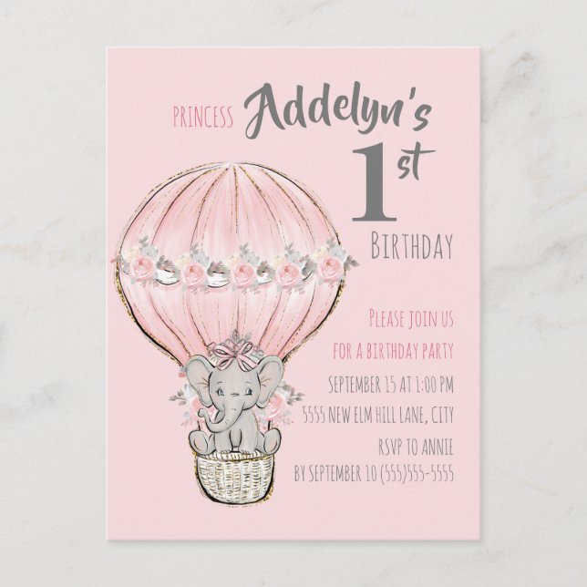 Pink Princess Elephant Hot Air Balloon Balloon Invitation Postcard (Front)