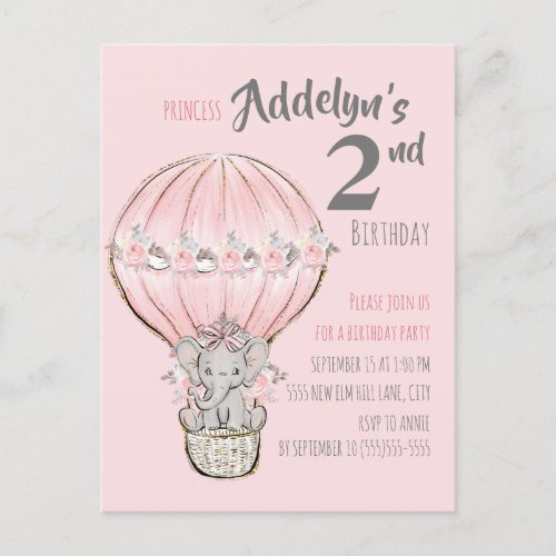 Pink Princess Elephant Hot Air Balloon Birthday Invitation Postcard