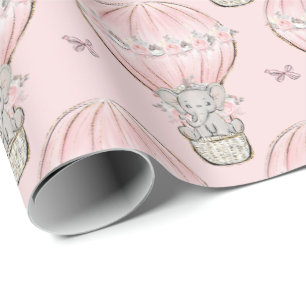Pink Princess Elephant Hot Air Balloon Wrapping Paper