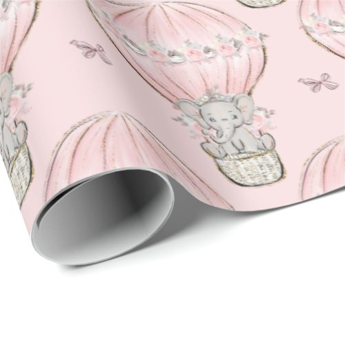 Pink Princess Elephant Hot Air Balloon  Wrapping Paper