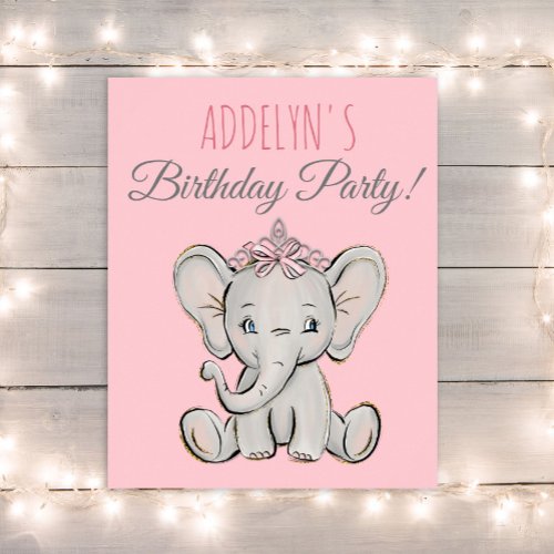 Pink Princess Elephant Little Girls Birthday Poster