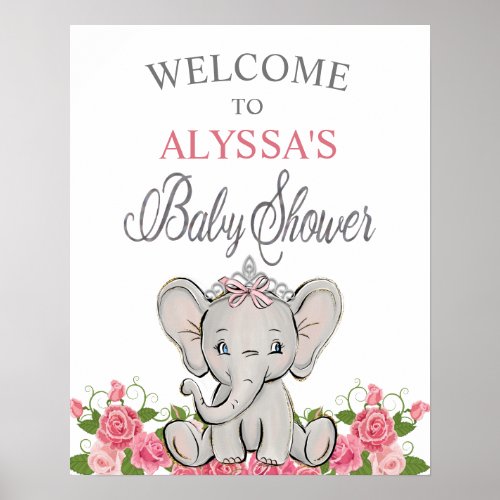 Pink Princess Elephant Tiara Baby Shower Welcome Poster