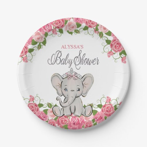Pink Princess Elephant Tiara Girl Baby Shower Paper Plates