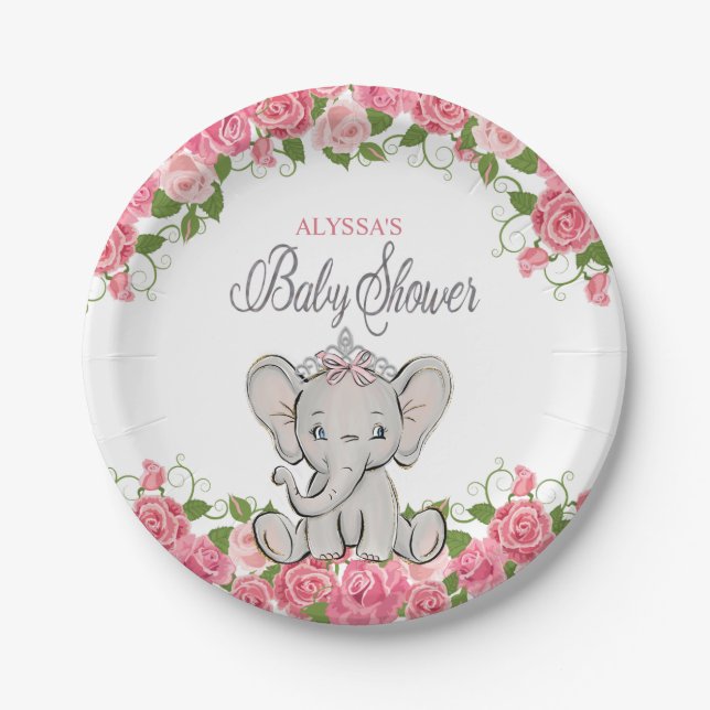 Pink Princess Elephant Tiara Girl Baby Shower Paper Plates (Front)