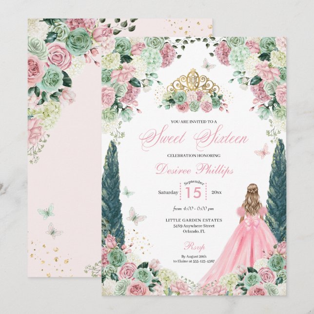 Pink Princess Enchanted Garden Sweet Sixteen Invitation (Front/Back)