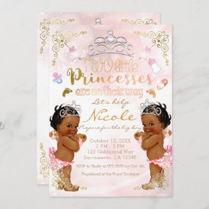 Pink Princess Ethnic Dark Twin Girls Baby Shower Invitation