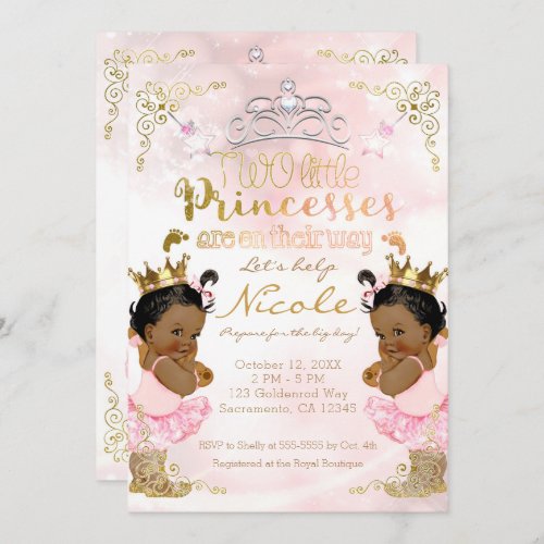 Pink Princess Ethnic Dark Twin Girls Baby Shower Invitation