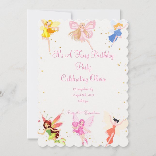 PINK PRINCESS FAIRY BIRTHDAY PARTY FOR GIRLS INVITATION (Front)