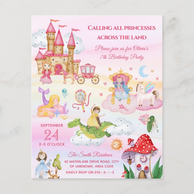 Pink Princess Fairy tale Girl Birthday Invitation (Front)