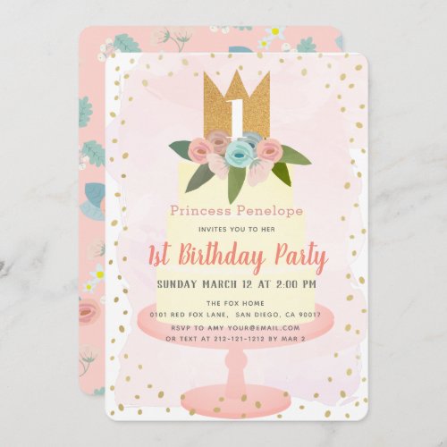 Pink Princess Floral Cake Girl 1st Birthday Invitation