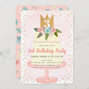 Pink Princess Floral Cake Girl Birthday Invitation