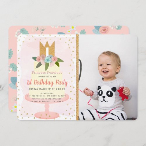 Pink Princess Floral Cake Girl Photo 1st Birthday Invitation