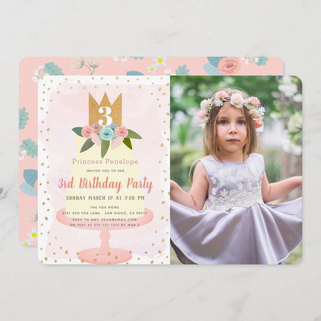 Pink Princess Floral Cake Girl Photo Birthday Invitation | Zazzle