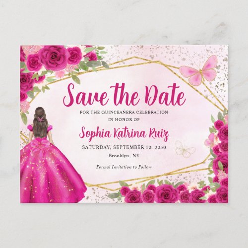 Pink Princess Floral Quinceaera Save the Date Postcard