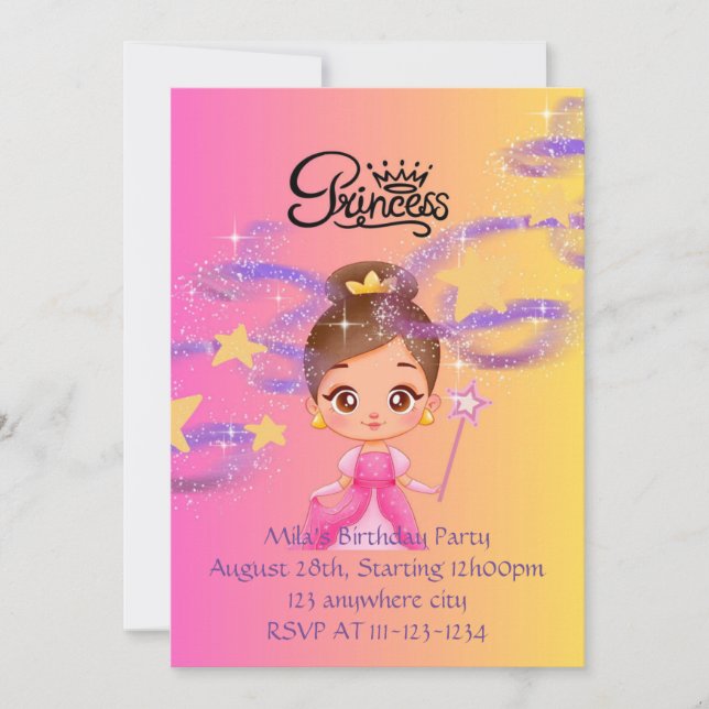 Pink princess girl birthday invitation  (Front)