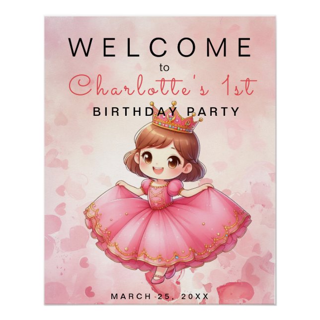 Pink Princess Girl Birthday Welcome Poster (Front)