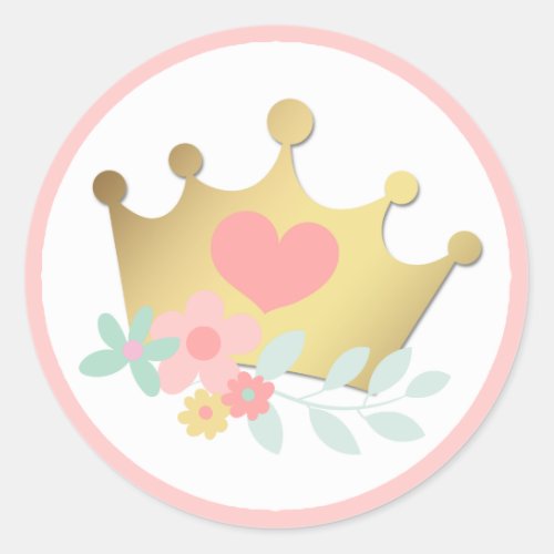 Pink Princess Gold Crown  Pastel Flowers Birthday Classic Round Sticker