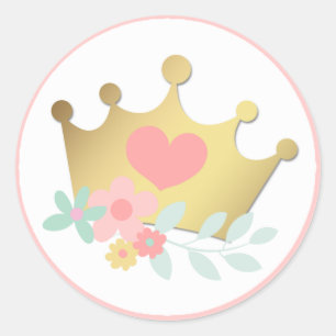 Pink Princess Gold Crown & Pastel Flowers Birthday Classic Round Sticker